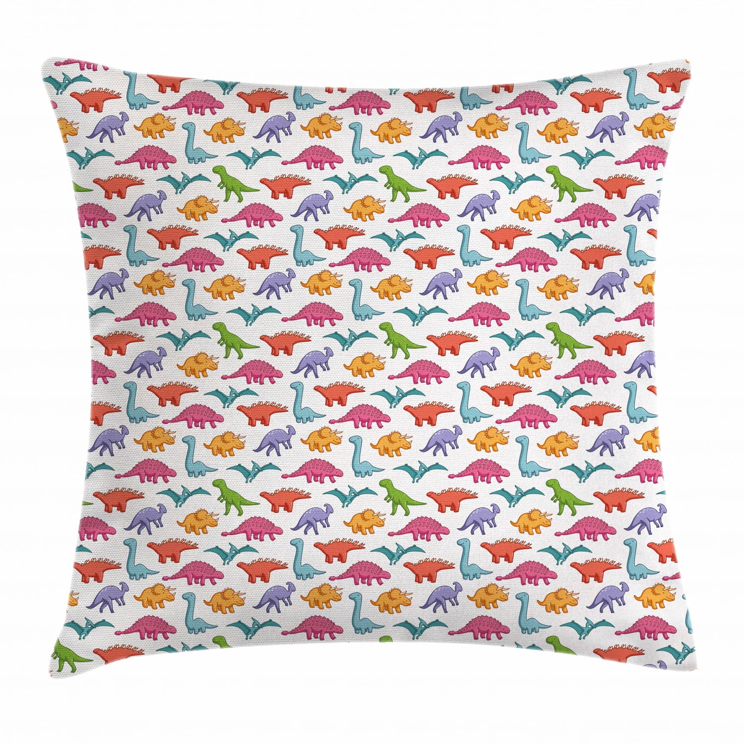 Dinosaur Throw Pillow Cushion Cover, Variety of Dinosaurs in Colorful