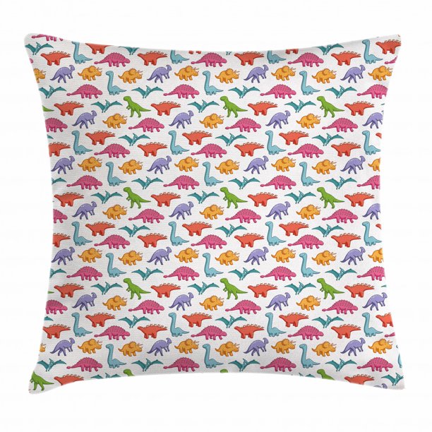 Dinosaur Throw Pillow Cushion Cover, Variety of Dinosaurs in Colorful