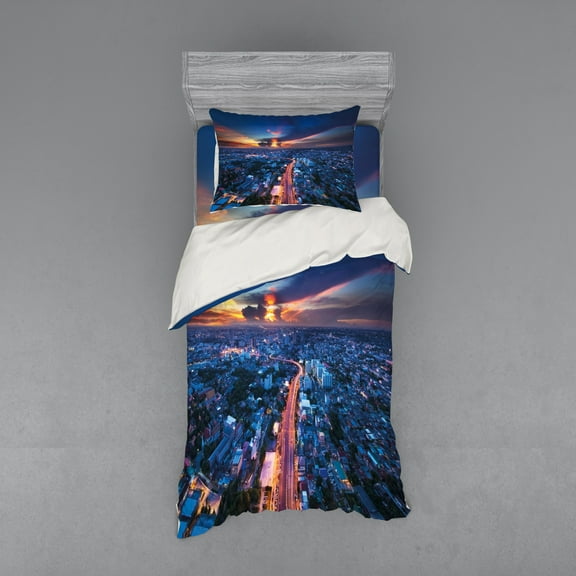 Ambesonne Urban Bedding Set 3 Pcs, Bangkok Thailand Skyline, Twin, Blue Coral