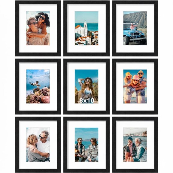decorUhome 8x10 Black Picture Frame Set of 9, Display 5x7 Pictures with Mat or 8x10 without Mat, Photo Frames for Wall or Tabletop