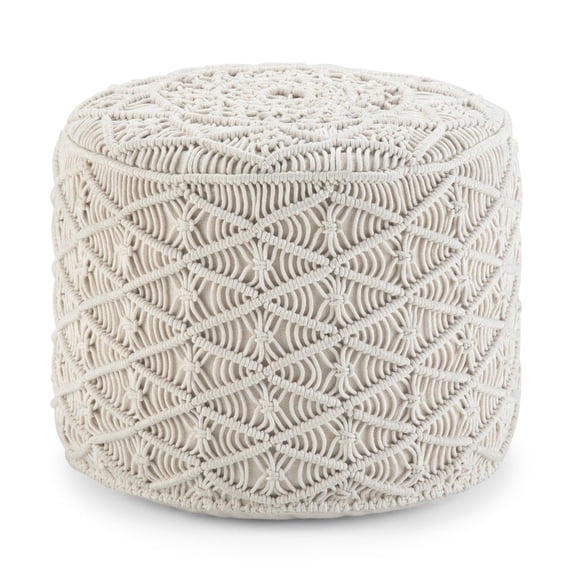 Simpli Home Coates 18 inch Wide Boho Round Pouf in Natural Handwoven Cotton Macrame
