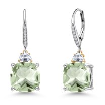 Gem Stone King 925 Silver and 10K Yellow Gold Green Prasiolite and Moissanite and Lab Grown Diamond Dangle Earrings for Women | 13.46 Cttw | Gemstone | Cushion 12MM