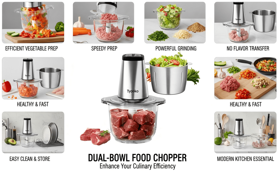 Easy Clean Food Processor Meat Grinder 8-Cup SS Glass Bowls Mixer for Veggie/Pet/Baby Food
