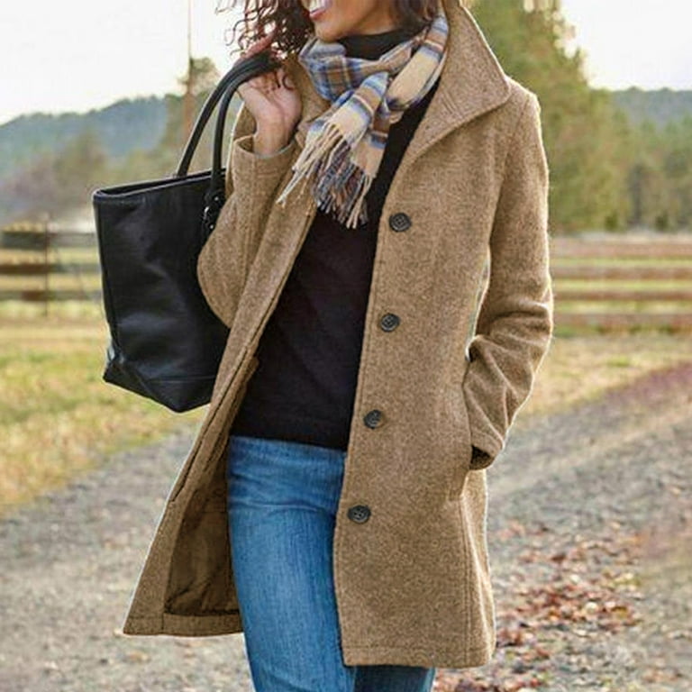 XFLWAM Women's Winter Wool Coat Stand Collar Single Breasted Trench Coat Solid Color Slim Fit Jacket with Pockets Khaki S