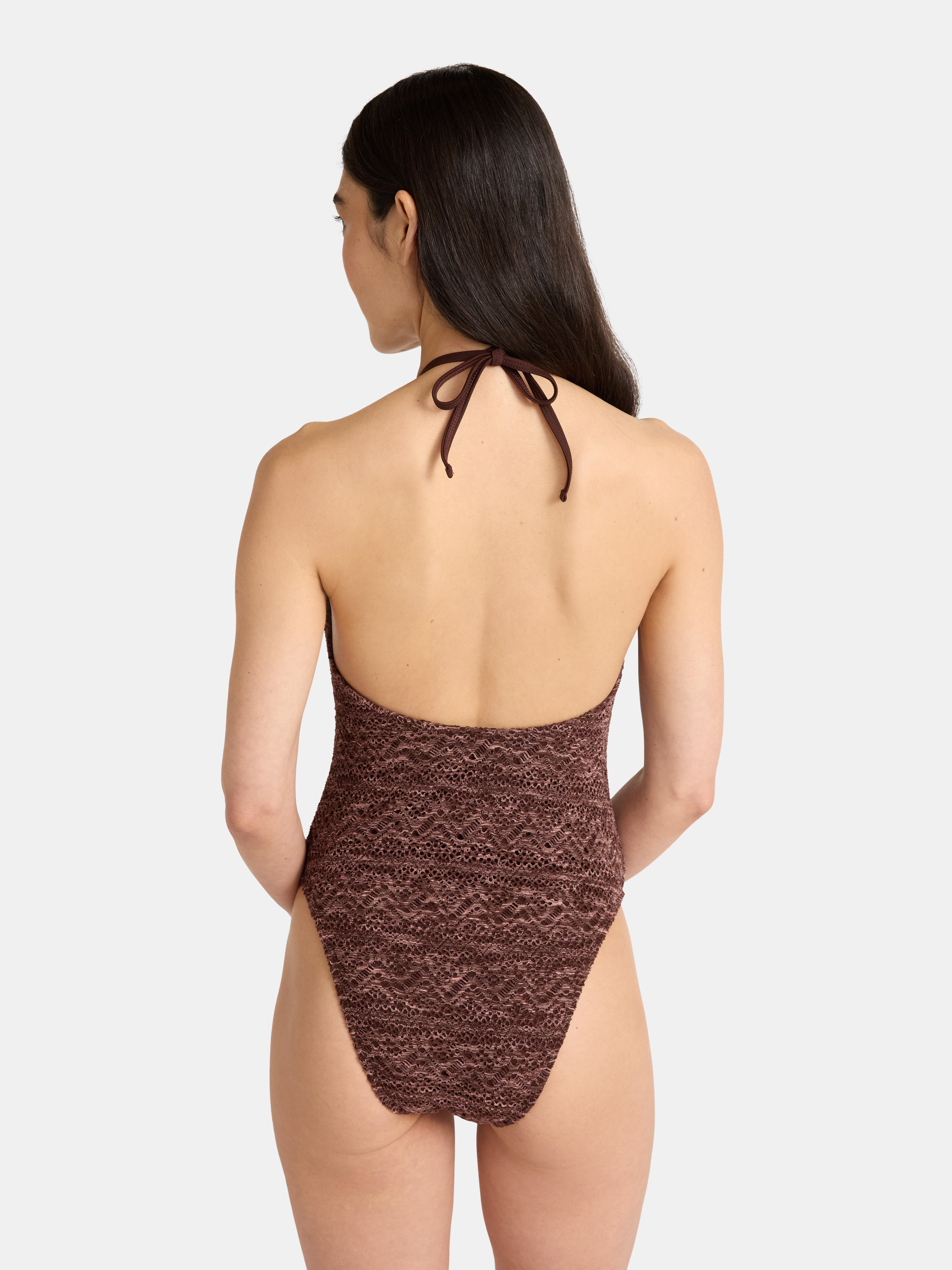No Boundaries Warm Chocolate Crochet One Piece Swimsuit, Women's