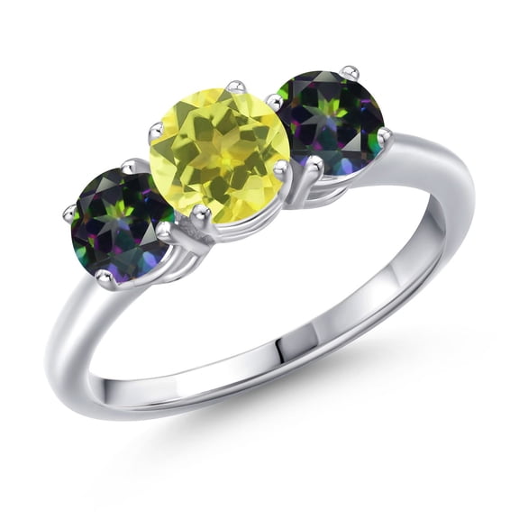 Gem Stone King 925 Sterling Silver Canary Mystic Topaz and Green Mystic Topaz Engagement Ring for Women | 2.10 Cttw | Round 6MM | Gemstone November Birthstone | Size 9