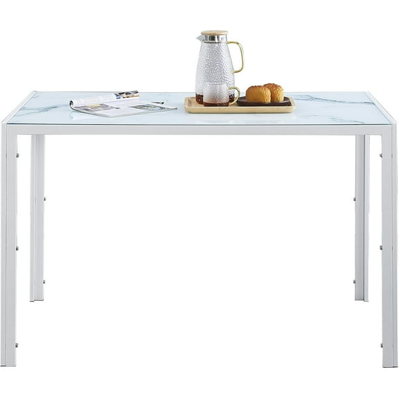 White Glass Dining Table, Modern Glass Kitchen Table with Tempered Glass Top and Metal Legs (Marbled White, Length: 47.24")