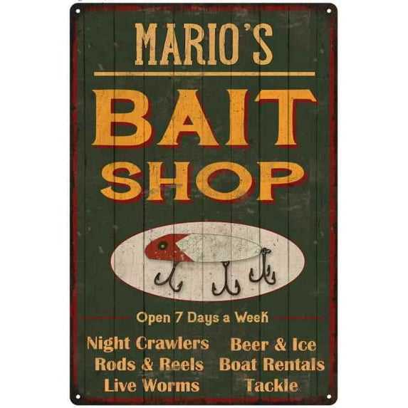 MARIO'S Green Bait Shop Man Cave 8 x 12 Matte Finish Metal 108120027146