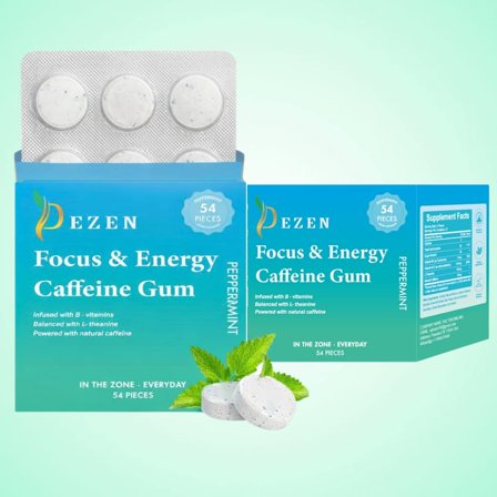 DEZEN Energy Caffeine Gum 54 Pcs – Peppermint Flavor | L-Theanine   Caffeine with Vitamin B12 & B6 | Nootropic Energy & Focus Support
