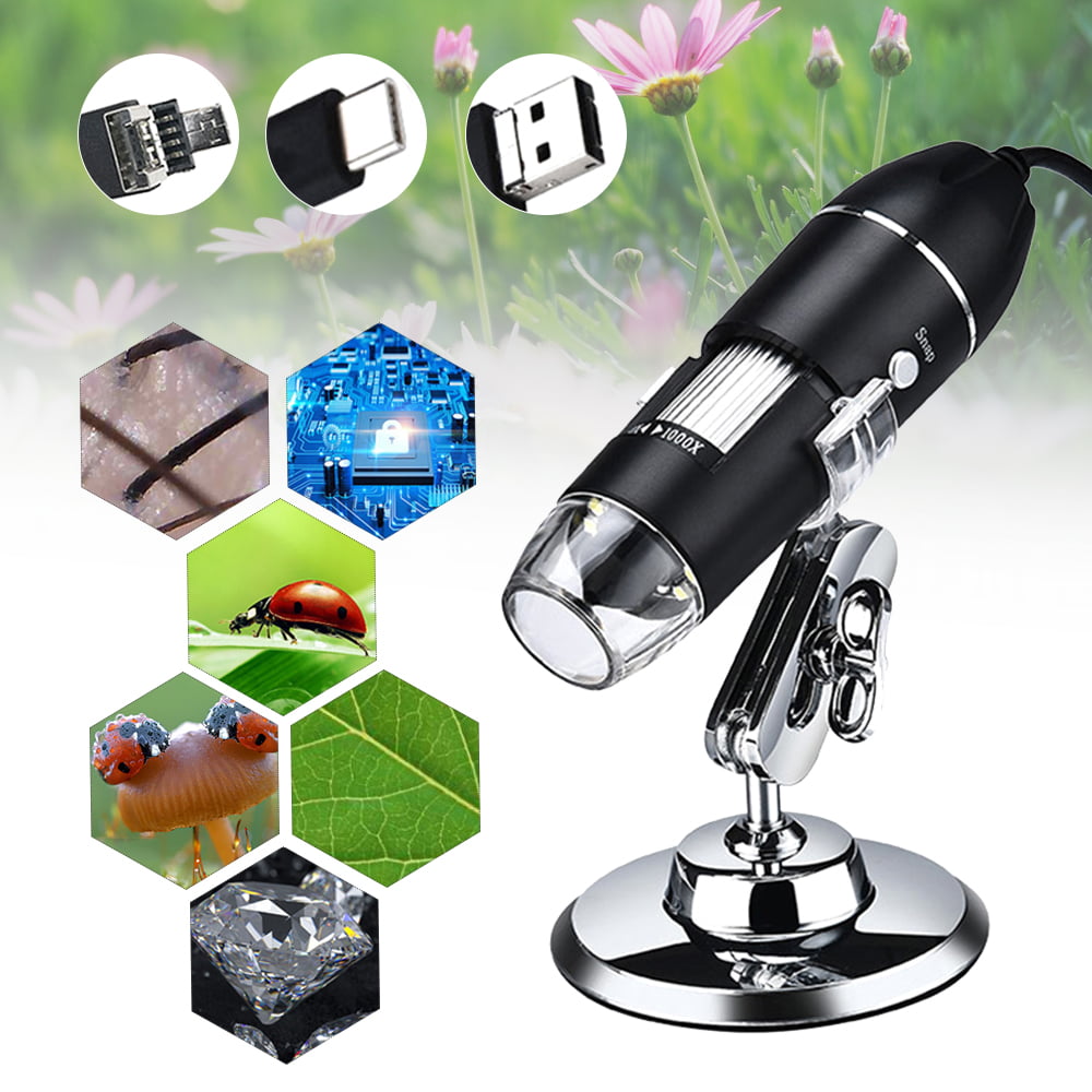 3 in 1 Digital Microscope 1600X Portable withMetal Stand and Two Adapters Support Windows Android Phones Magnifier