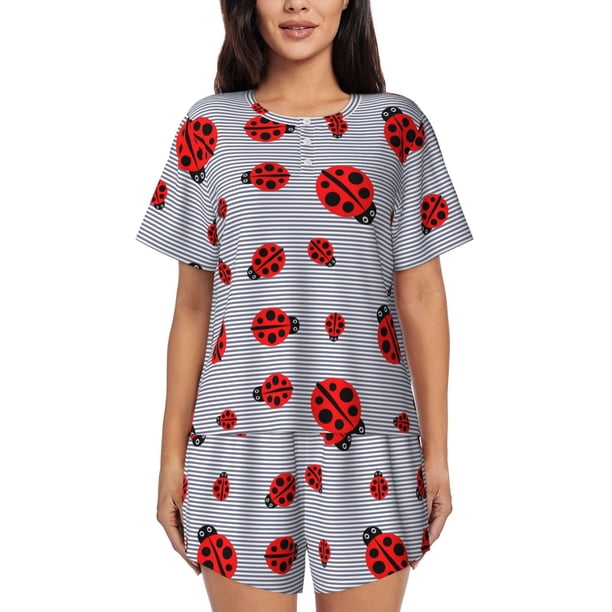 Balery Ladybug Conjunto de Pijama para Mujer con Estampado, Dos Piezas de Manga Corta y Shorts, Ropa de Dormir Suave con Cuello Redondo y Bolsillos-Large