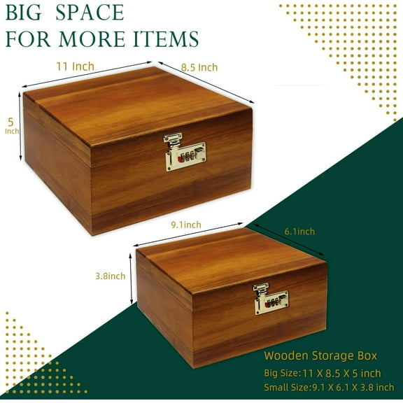2pcs Locking Wooden Keepsake Box,Large Acacia Wooden Box with Hinged Lid with Combination Lock,Wood Box,Wood Storage Box,Decorative Storage Boxes Gift Memory Box