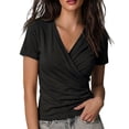 thumbnail image 2 of Women's V Neck Ruched Elegant Solid Color Waist Slimming Short Sleeve T Shirt,Summer Casual Tops for Daily Wear,Vacation,Dating,Lightweight Breathable Tee Blouse Black L, 2 of 6