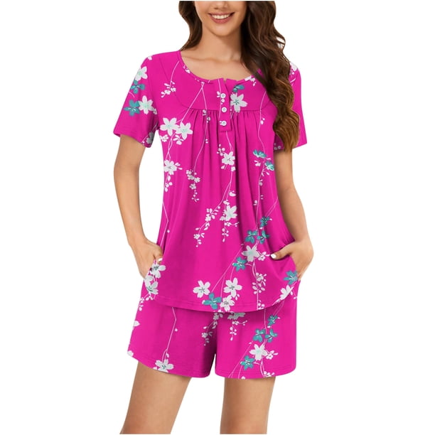 Conjunto de Ropa de Salón de las Mujeres Impreso Cuello Redondo Manga Corta Superior Y Pantalones, Ropa de Casa Suave Dos Piezas