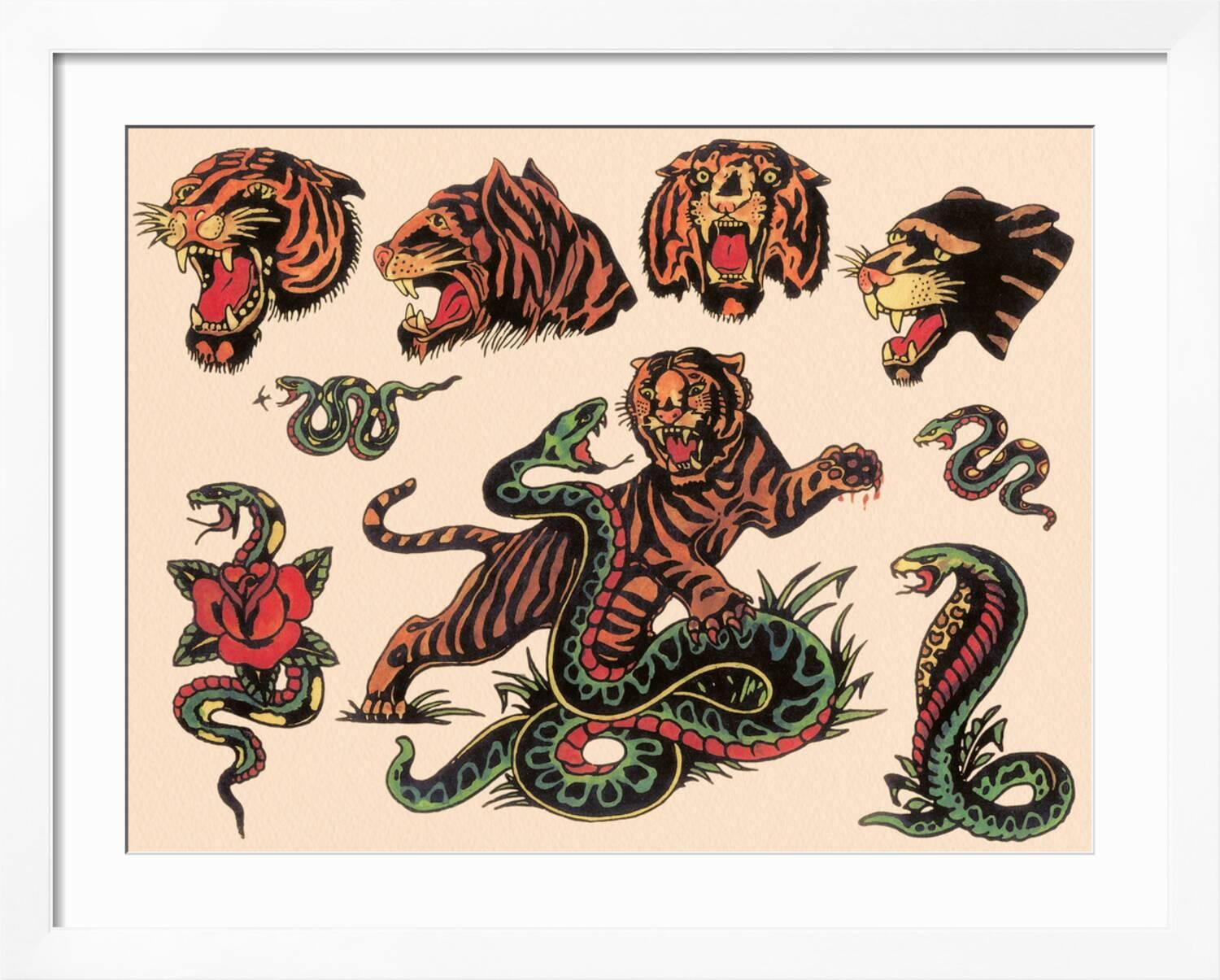 カーリー神 タトゥーフラッシュ アートパネル　ウッドウォールアート tattoo Art.com Tigers & Snakes Authentic Tattoo Flash by Norman Collins