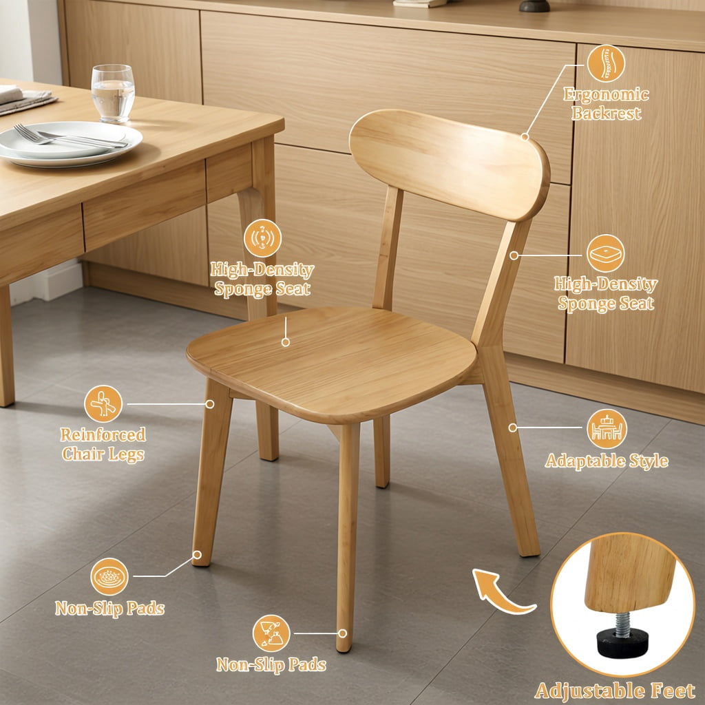 Hommoo 4 Pcs Mid Century Modern Solid Wood Dining Chairs, Ergonomic Curved Backrest, Adjustable Leveling Feet, for Dining Room, Kitchen & Living Room, Natural Wood