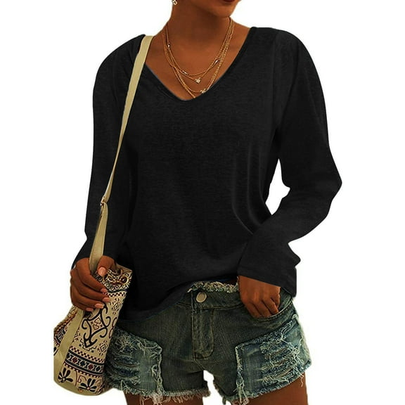 CQONEPT Tunic Tops for Womens V Neck Long Sleeve Shirts Lounge Solid Color Tunic Tops Fall Winter Tops Black XL