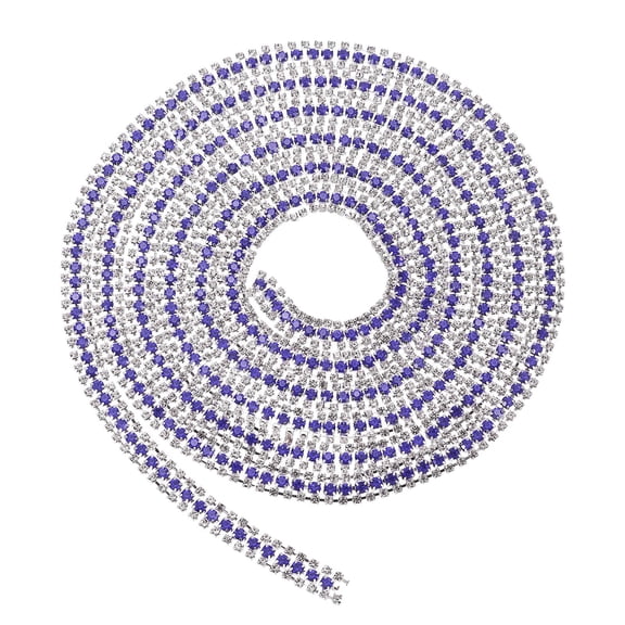 Uxcell 2 Yards 3 Rows Crystal Rhinestone Close Chain Trim, Claw Cup Chain with Silver Base for DIY Craft, White/Dark Blue/White