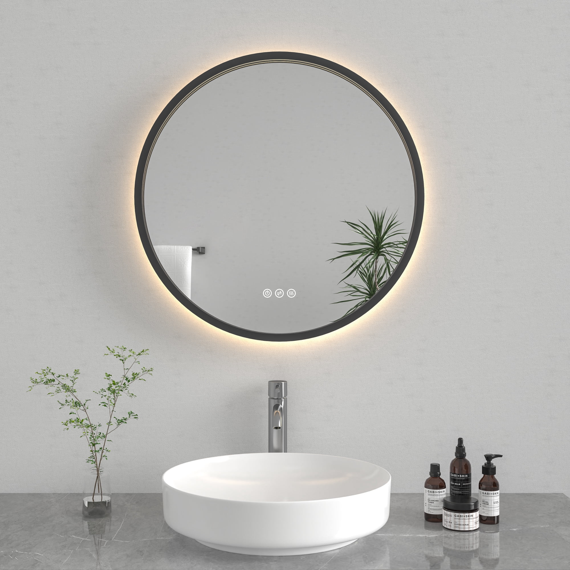 Kingston Brass MR1012424 Aurora 24-Inch Round LED Bathroom Mirror, Front and Back Light, Dimmable Touch Sensor Lighted Mirror in Silver/Gunmetal