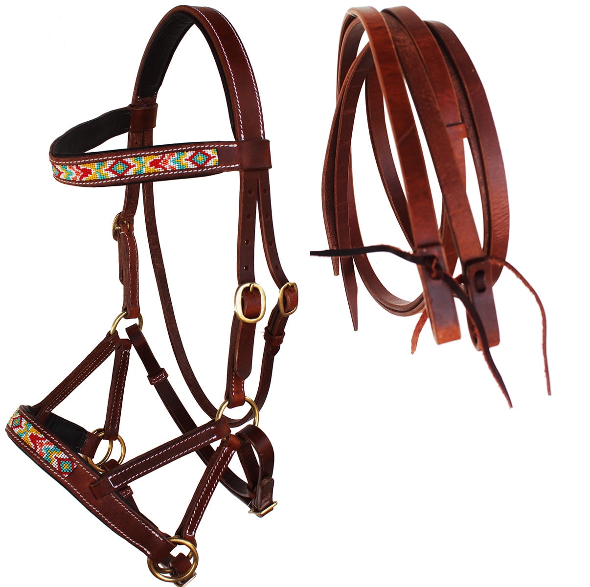 CHALLENGER Horse Western Padded Leather Beaded Bitless Sidepull Bridle Reins 77RT09TN-F CHALLENGER Horse Western Padded Leather Beaded Bitless Sidepull Bridle Reins 77RT09TN-F