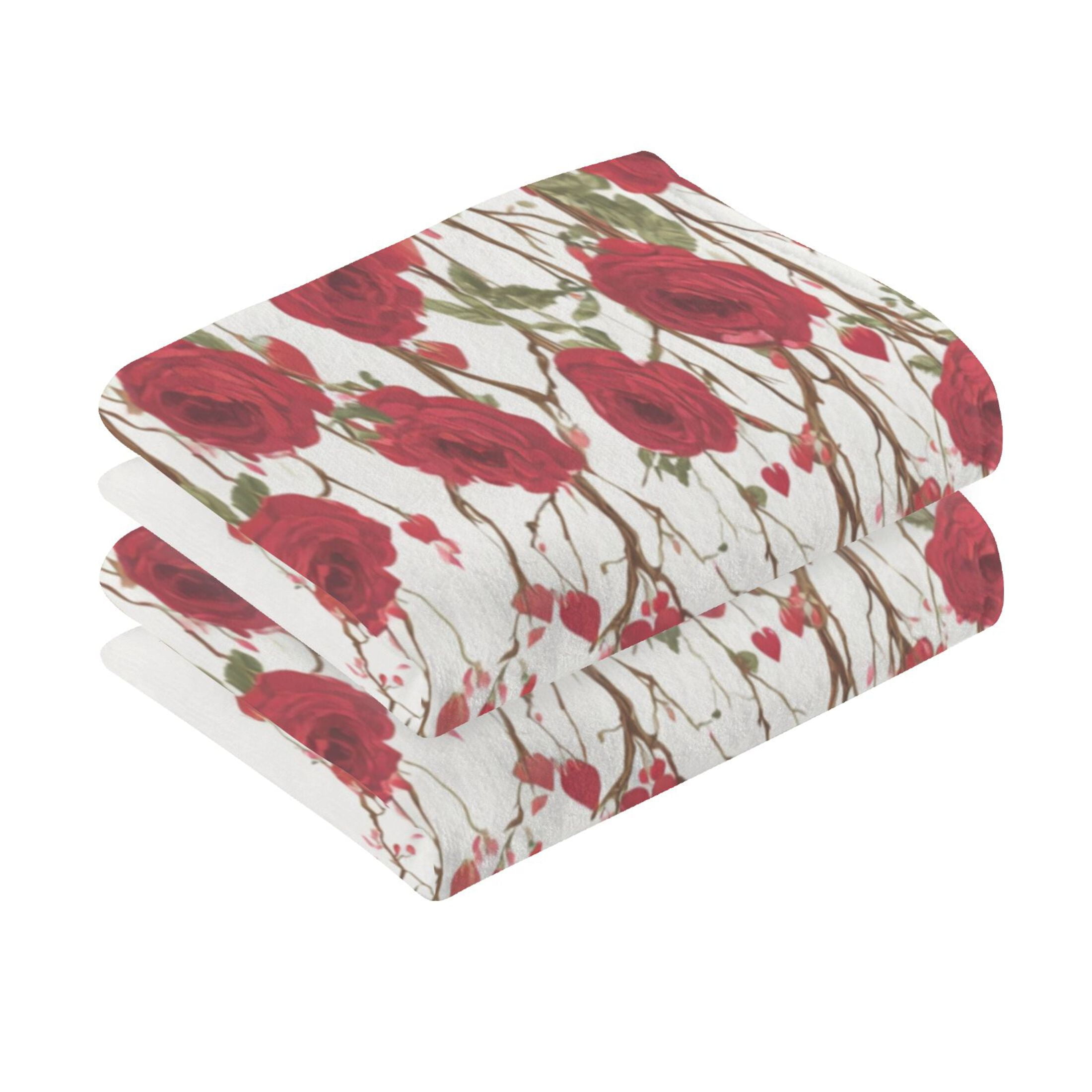 2 Pieces of Cotton Towel Face Towel Set Hand Towel Bath Towel Cotton Bath Towel Sets Red Rose Pattern