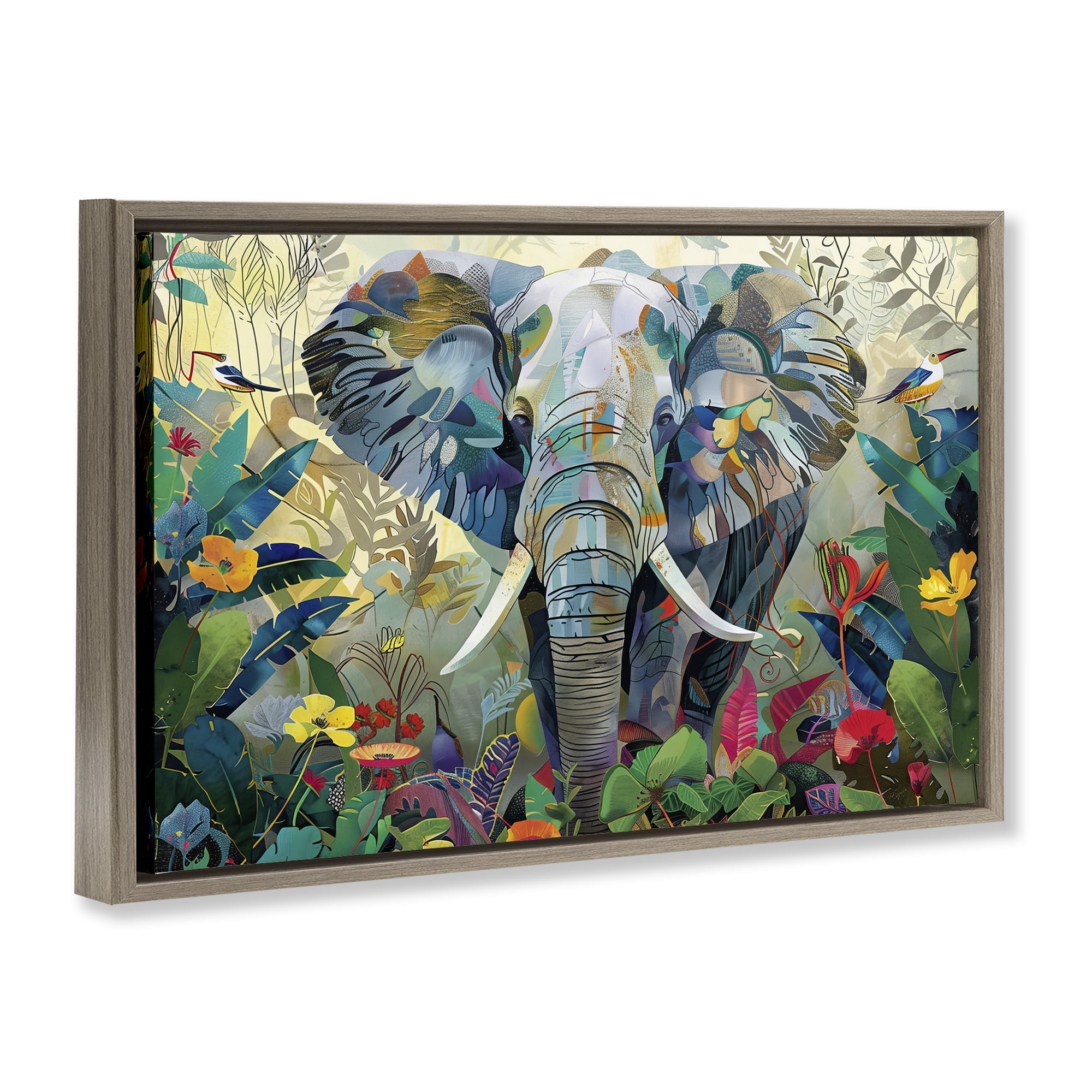 Stupell Industries Elephant's Realm in Tropical Bloom Brown Framed Floater Canvas Wall Art, design by Lazar Studio