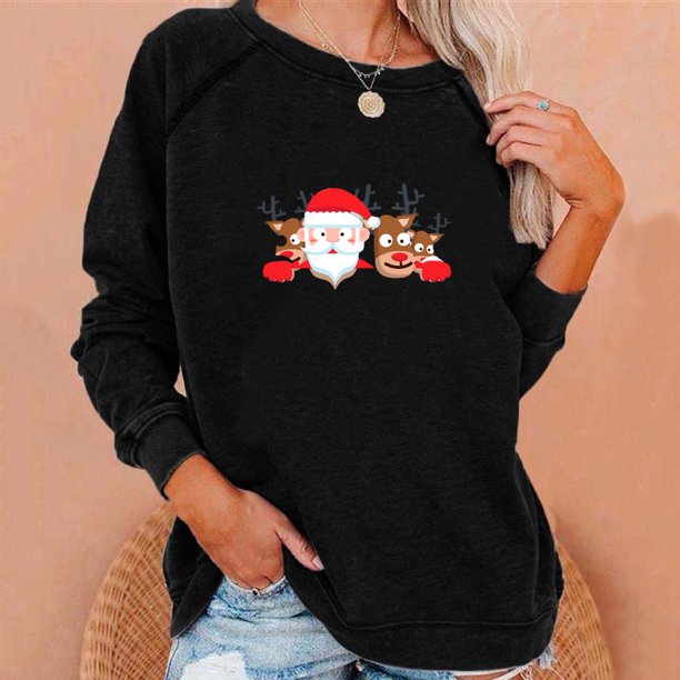 ICHUANYI Clearance Christmas Fashion Women's Casual Long Sleeve Printed Ladies Short Sweatshirts Tops(Black, XXL) ICHUANYI WER2023081504927