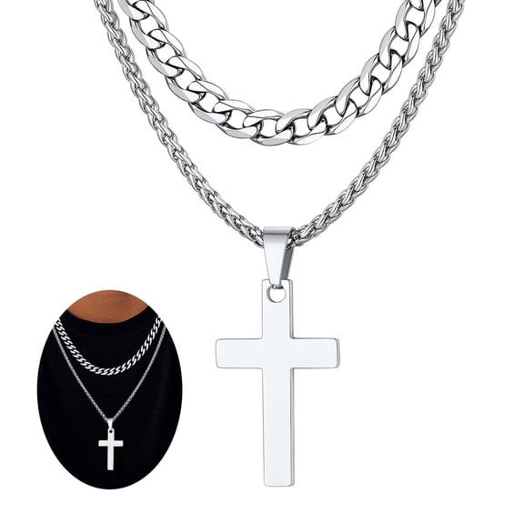 FaithHeart Layered Silver Cross Necklace for Men Stainless Steel Cuban Curb Link Chain Cross Pendant Necklaces Set Christian Religious Fathers Day Jewelry Gifts for Dad
