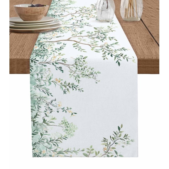 Green Eucalyptus Leaves Table Runner Cotton Linen 90 Inch Holiday Dresser Scarves, Farmhouse Botanical Tablerunner for Kitchen Coffee Dining Bedroom Home Living Room Dinner Scarf Décor 13''x90''