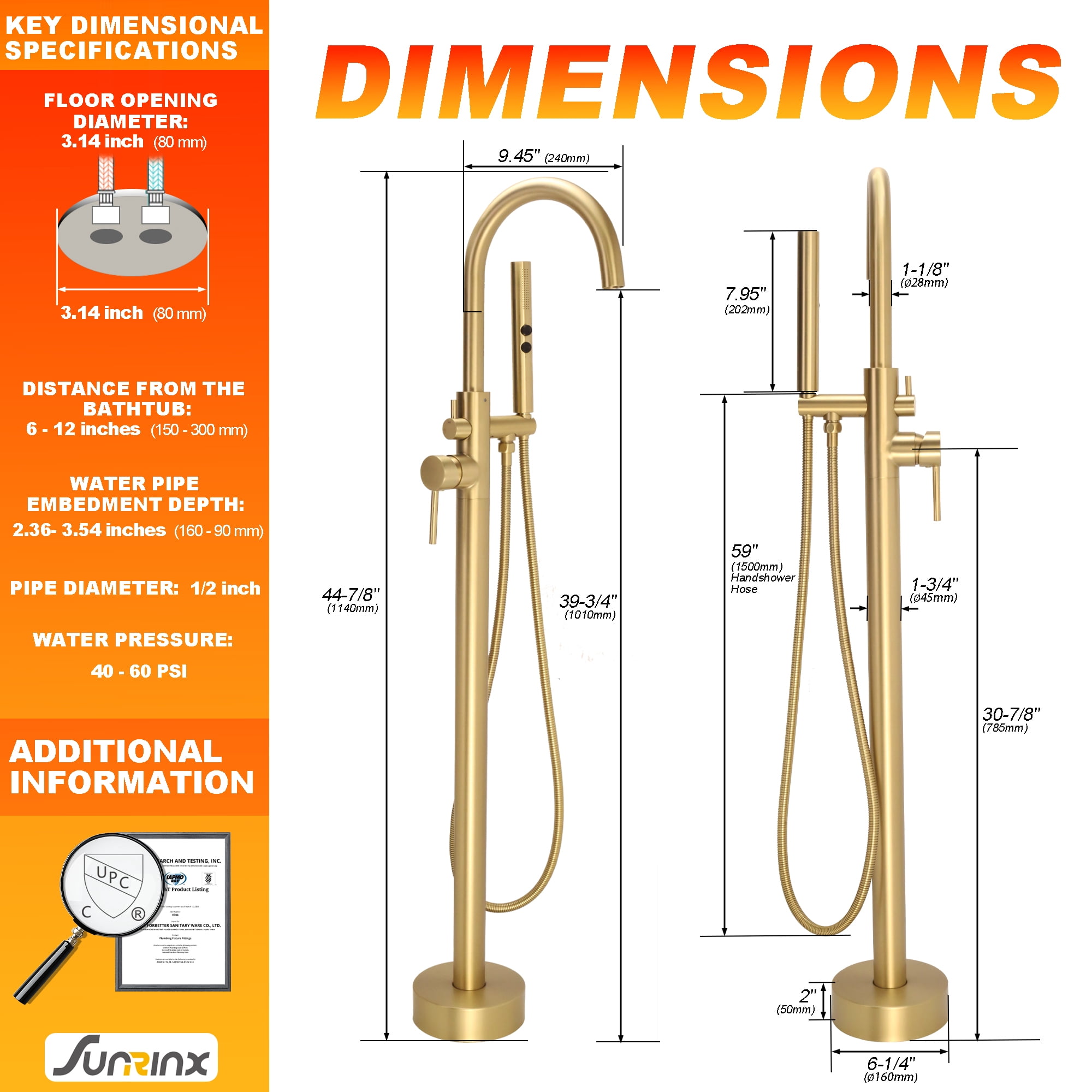 SUNRINX Freestanding Tub Faucet, 2-Handle Freestanding Tub Faucets with Brass Two-Function Handshower, Max 6 GPM Floor Mount Tub Filler Bathtub Faucet with 360° Swivel Spout, Brushed Brass