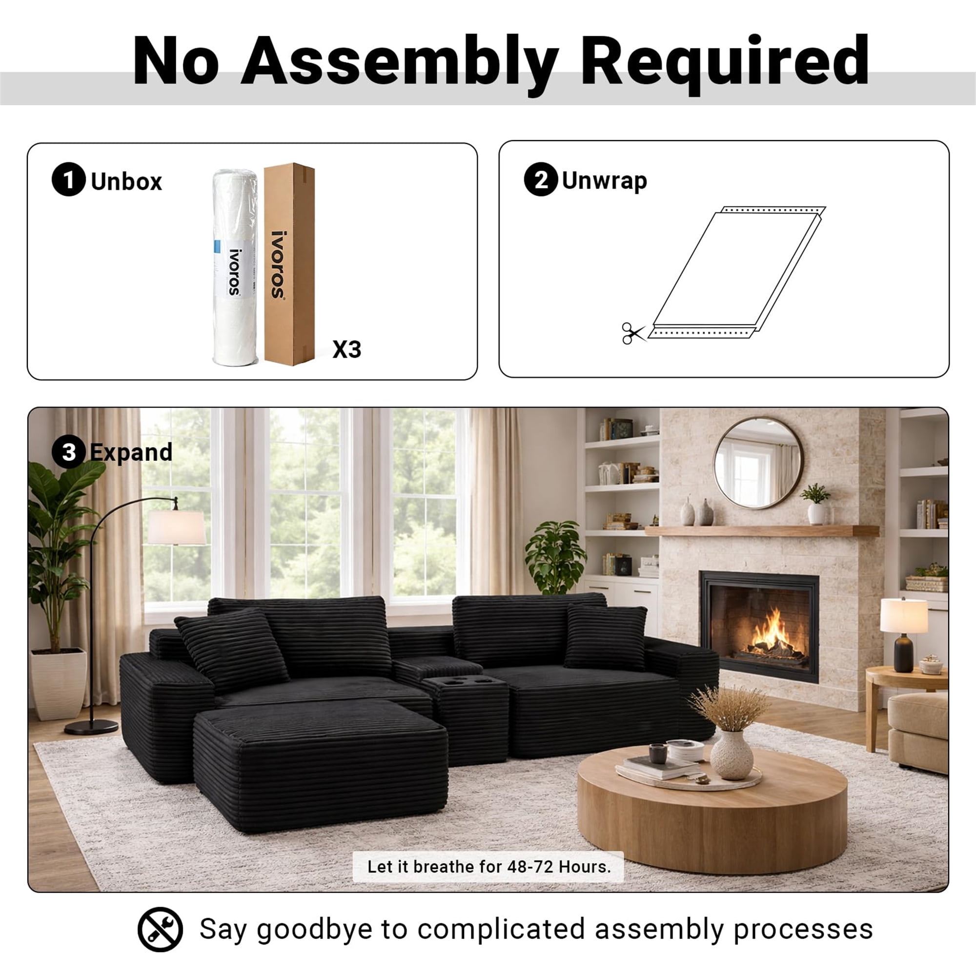 Aukfa 111" Cloud Sectional Sofa Deep Seat Boneless Couch with USB&Cupholdes Storage Console, Modular L-Shaped Couch for Living Room, Corduroy, Black