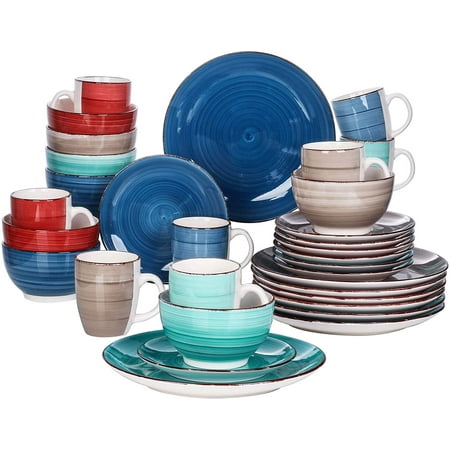 

ZCYH Stoneware Dinnerware Set Bonita Blue 18-Piece Service for 6 Handpainted Spirals Pattern Ceramic Combination Set with 10.6in Dinner Plate 8.2in Dessert Plate and 21oz Soup Bowl