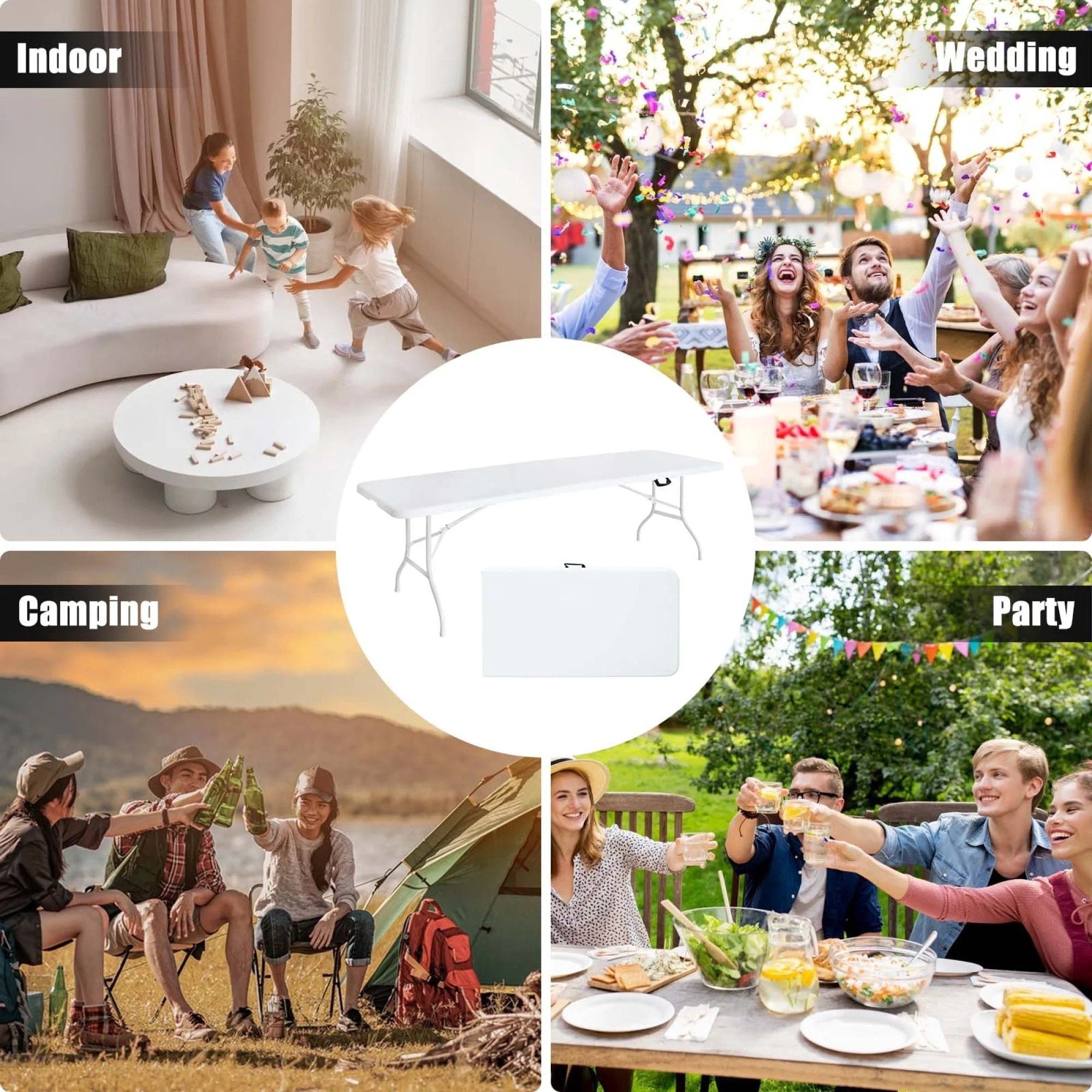 Leumius 8 Foot Folding Table,Indoor Outdoor Table for Picnic Party Dining Camping,White