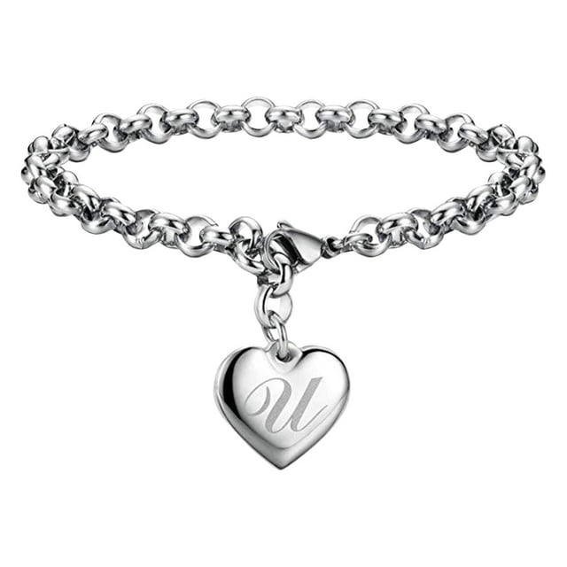 Pulseras con iniciales para adolescentes Pulseras con corazón de acero inoxidable para mujeres 26 letras Alfabeto Pulsera Regalos de joyería para niñas adolescentes