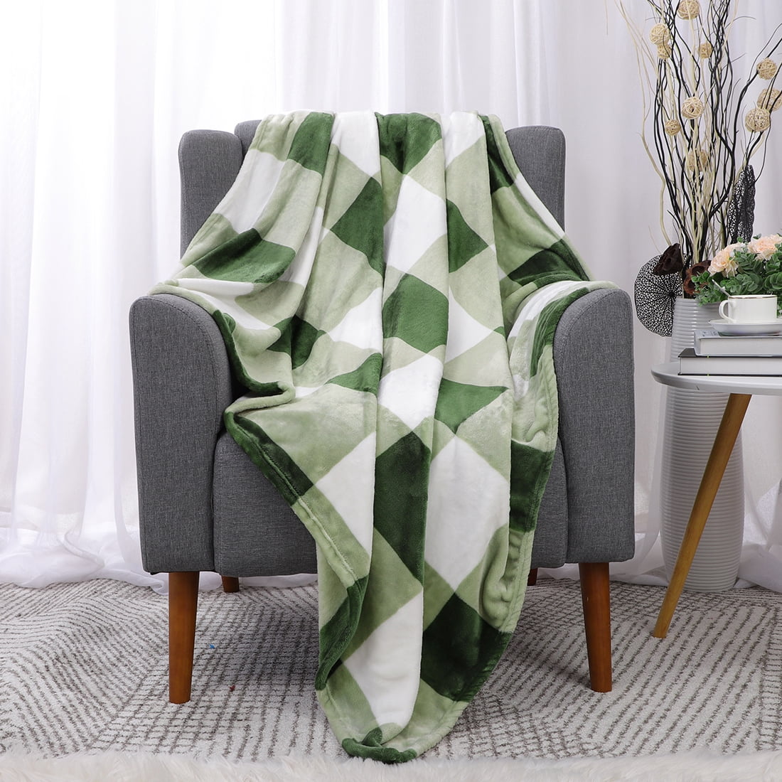 Unique Bargains Plush Buffalo Reversible Plaid Flannel Fleece Blanket, Throw, Green White
