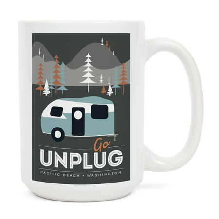 

15 fl oz Ceramic Mug Pacific Beach Washington Go Unplug (Retro Camper) Vector Style Dishwasher & Microwave Safe