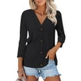 thumbnail image 2 of WTOBBY Women's 3/4 Sleeve Solid Color Button Down Casual Top, Fashion Shirt Blouse with Comfort Fit, Lightweight Fabric for Spring Summer Transition,Black L, 2 of 6