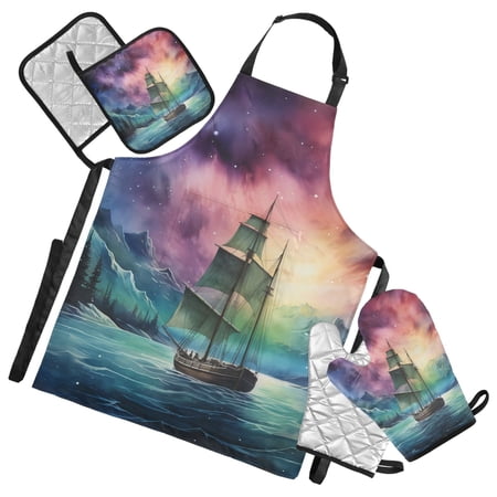 Boat on Sea with Aurora 5 Pcs Kitchen Set Heat Resistant Oven Mitts and Non-Slip Pot Holders with Adjustable Cooking Apron