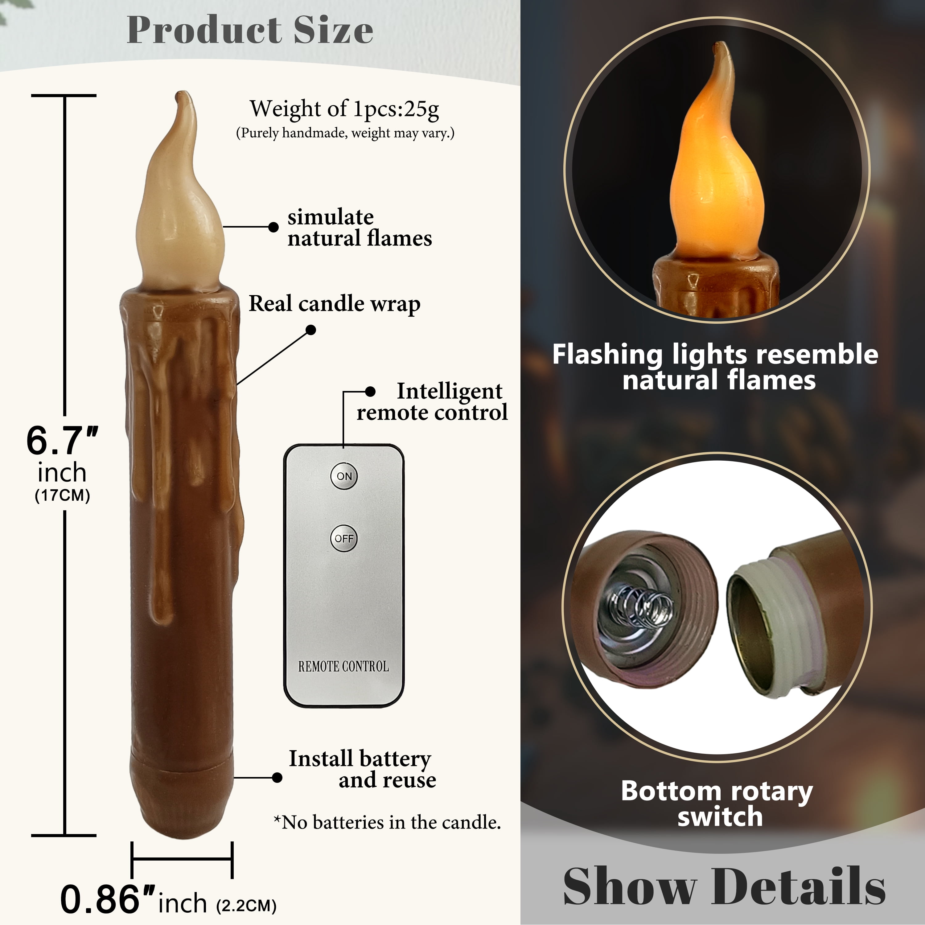 Flameless Candle Taper Candlesticks,4pcs Real Wax LED Tapered Dipped Candles 6 INCH Battery Powered Chandelier Remote Candle Sticks for Weddings Vigil Harry Potter