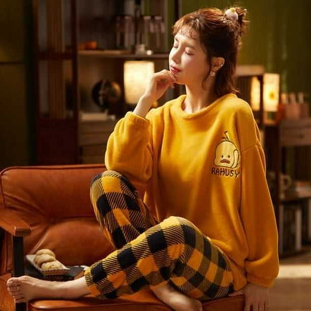 Pijama de otoño e invierno para mujer, de manga larga, de polar coral, estilo dulce de franela, Winnie the Poole, traje de casa