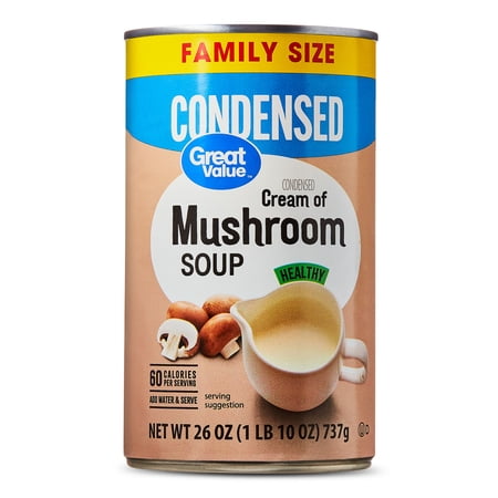 Great Value Heart Healthy 98% Fat Free and 50% Less Sodium Cream of Mushroom Condensed Soup, Family Size, 26 oz Can