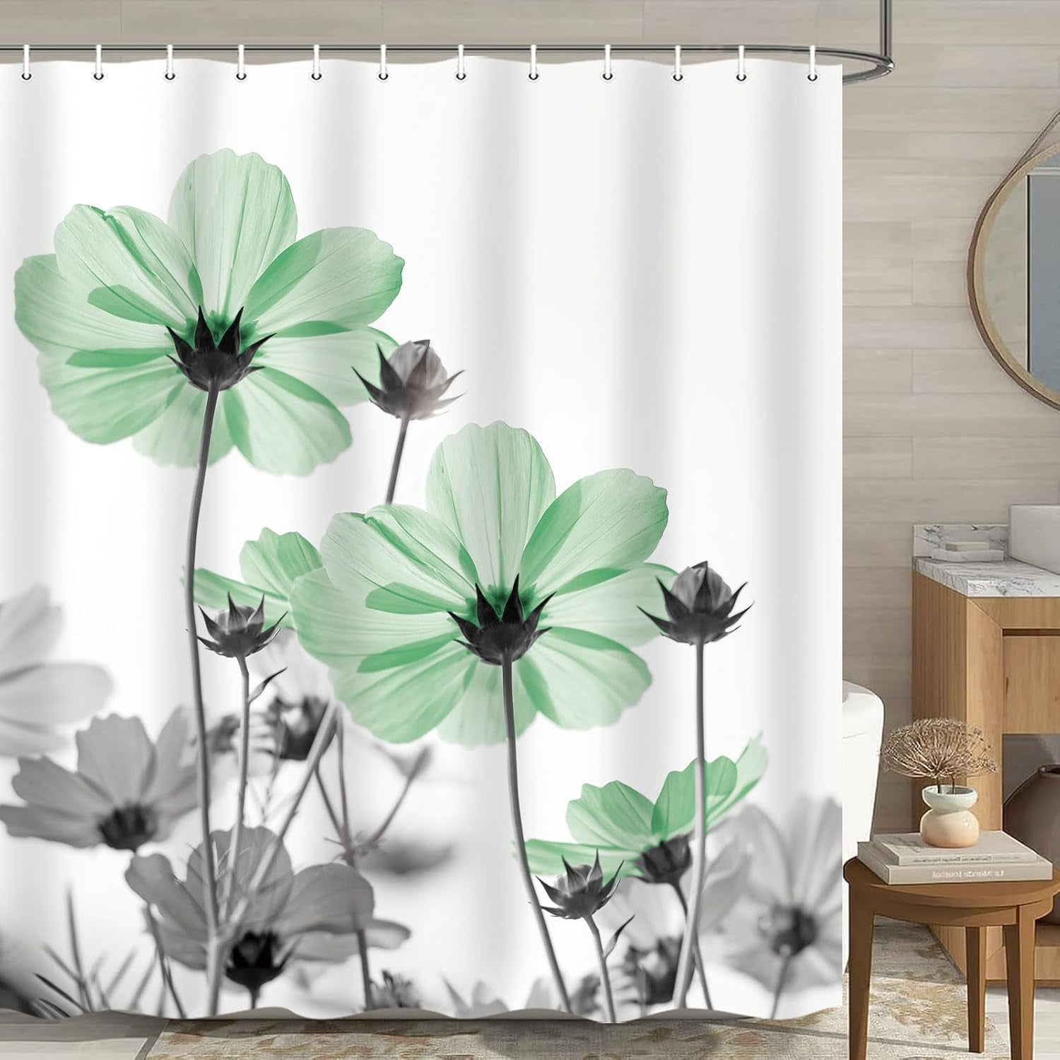 Watercolor Floral Shower Curtain, Sage Green Flower Shower Curtains for Bathroom, Modern Minimalist White Grey Rustic Farmhouse Fabric Shower Curtain Set with Hooks, 72X72in