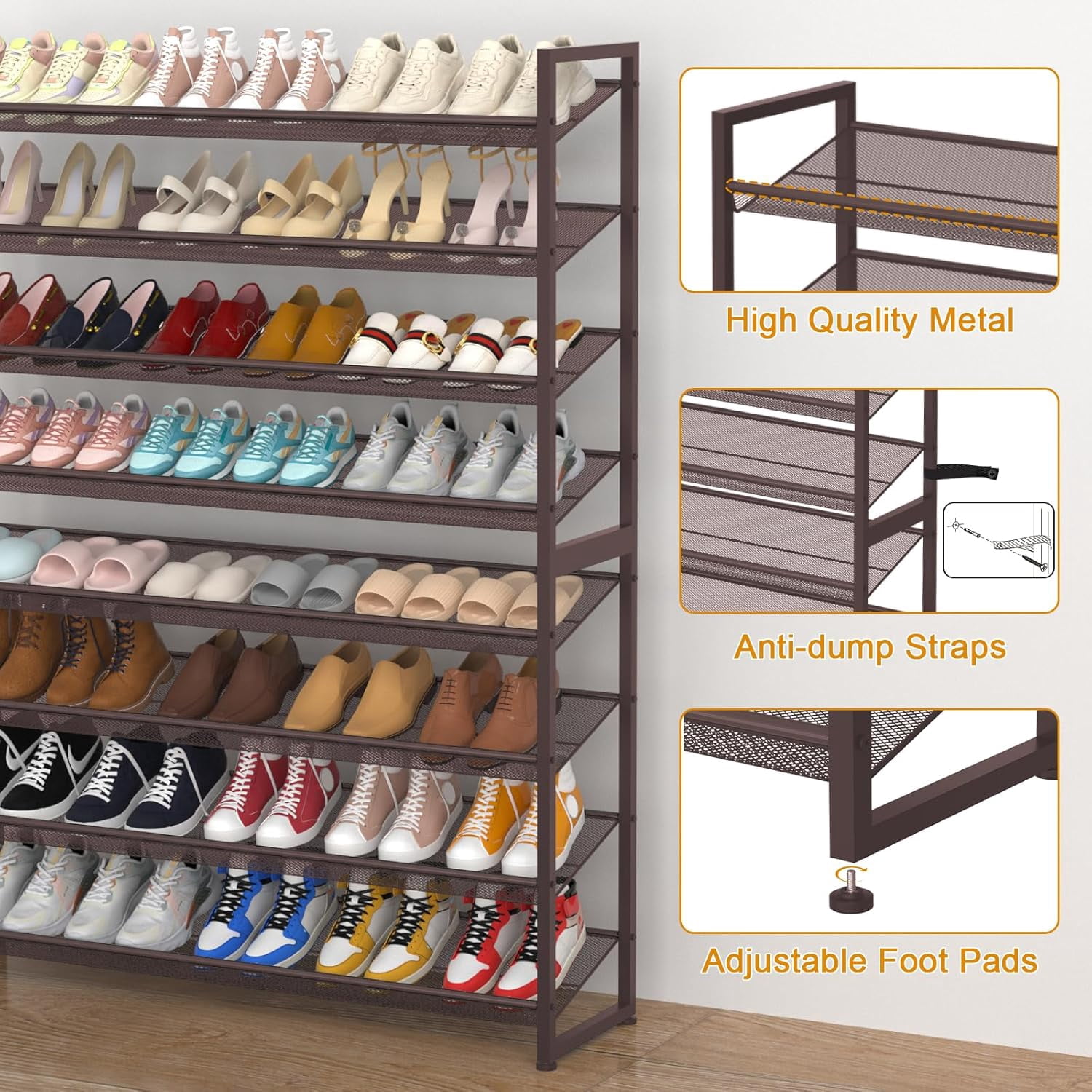 NEYCIL Large Shoe Rack, 8 Tiers Heavy Duty Metal Shoe Storage Rack for Closet Front Door Entrance, Up to 50 Pairs, Bronze
