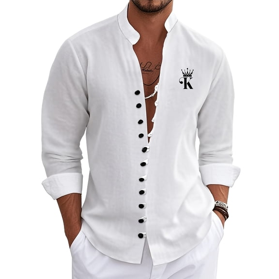 Mens Long Sleeve Shirt Button Down Blouses Loose fit Vintage Shirts Banded Collar Tops White M