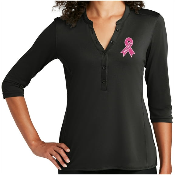 Women's Breast Cancer Survivor Ribbon Patch 5-button 3/4 Sleeve Henley Shirt, 4XL Black