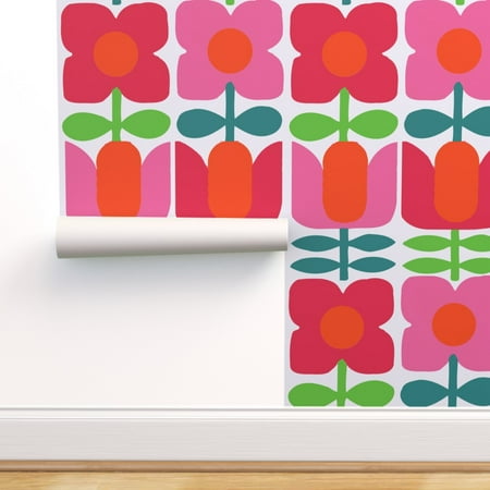 Removable Water Activated Wallpaper Danish Flowers Modern Hot Pink