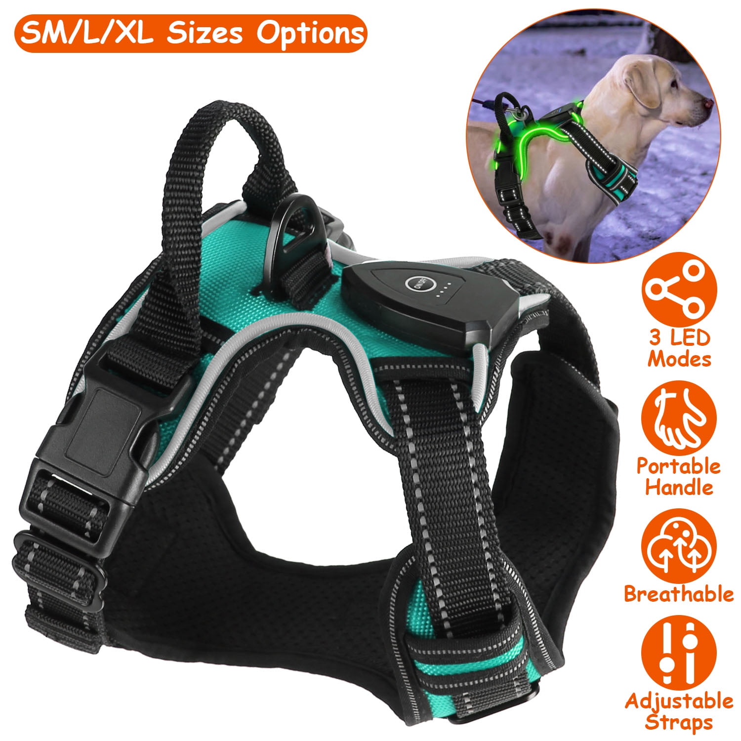 Teqhome Light Up Dog Harness LED No Pull Dog Harness Rechargeable Lighted Dog Vest Harness for Night Walking Adjustable Glowing Vest for 38.58-49.6lbs Dogs (Green, L)