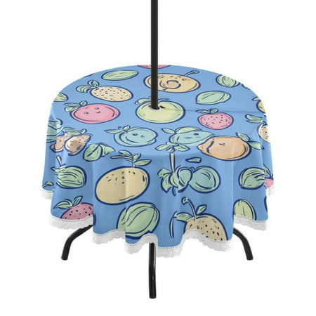 

60 Outdoor Round Tablecloth with Umbrella Hole & White Lace Trim Waterproof Patio Table Cover for Garden Kitchen Dining Cartoon Fruits