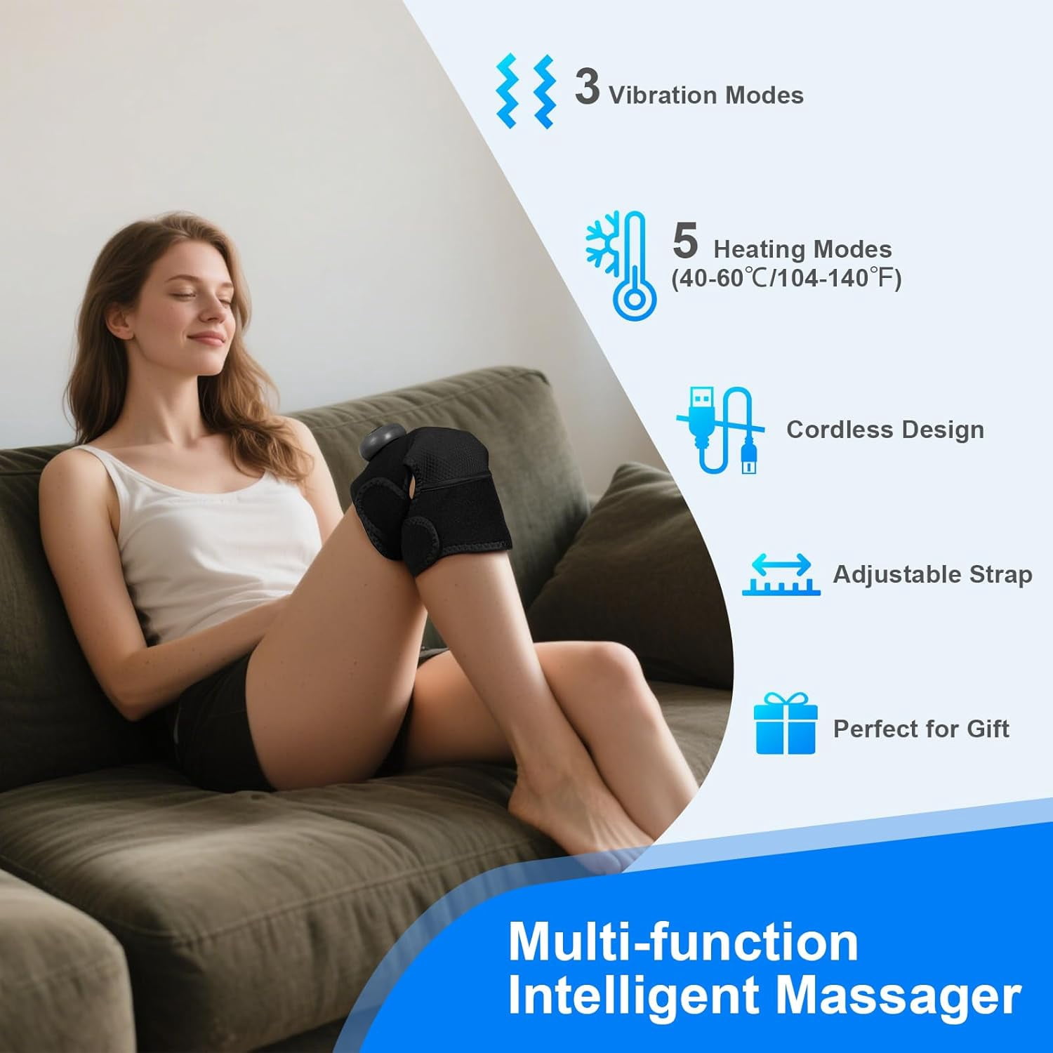 Knee Massager with Heat and Vibration Massage, Knee Brace Pain Relief for Joints Elbow Shoulder Ligament and Muscles Injuries, Two Adjustable Straps, Suit for Family Home