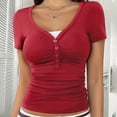 thumbnail image 6 of Short Sleeve Crop Tops for Women V Neck Down Crop Tee Slim Fit Trendy Basic Crop Tops Red Women Blending Shirts Women's Short Sleeve T-Shirt(XL), 6 of 9